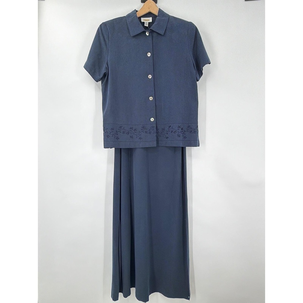 Vtg Y2K Talbots Navy Blue‎ Linen Blend Maxi Dress Embroidered Shirt Set 10 NOS